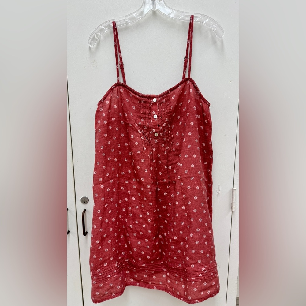 Garnet Hill Washed Linen Pintuck Red Floral Gown Lounge Dress Size S